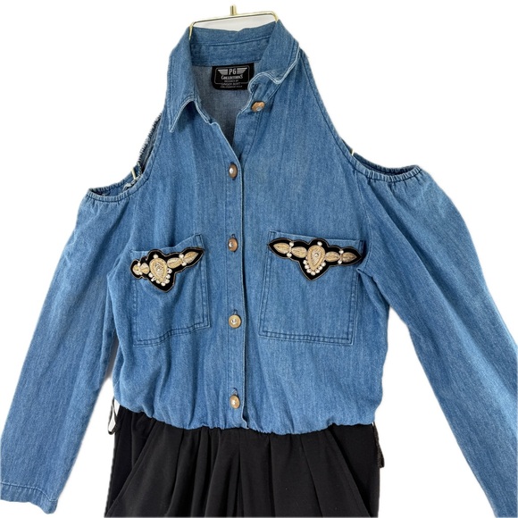 Vintage 90's Denim Cold Shoulder Jumpsuit w/Black Stirrup Pants w/Pockets Size 4 - Picture 3 of 17